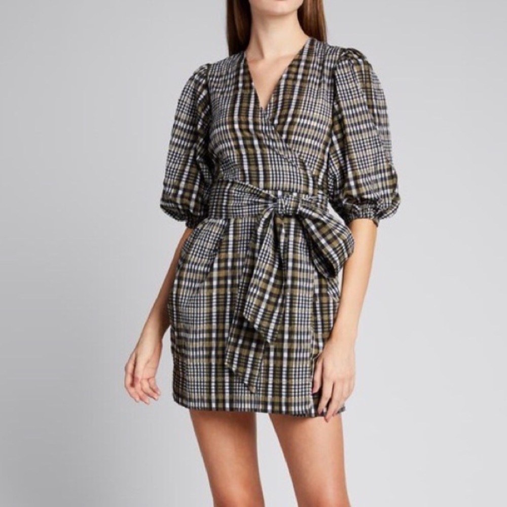 Ganni plaid seersucker puff sleeve mini wrap dress Sz 44